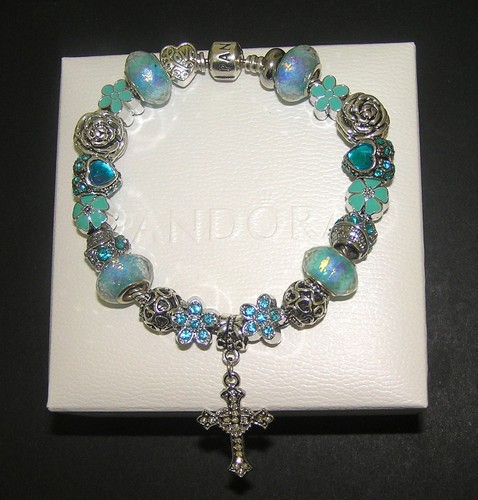 AUTHENTIC Pandora Silver Bracelet With Love's Embrace Cross Blue European Charms - Picture 4 of 6
