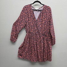 LOFT Dress Womens XL Navy Coral Floral V Neck Button Front Elastic Waist Boho