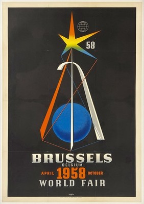 Original Vintage Poster BRUSSELS 1958 WORLD'S FAIR BELGIUM Travel Tourism LINEN