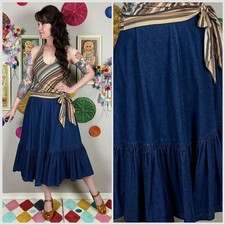 Vintage 1970s High Waist Dark Wash Ruffle Denim Midi Skirt 26" Waist