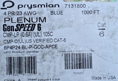 General Cable GenSPEED 6 23/4P Cat6 Network Cable CMP Plenum Blue /100ft