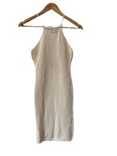 Prettylittlething Cream Net Dress Size S Sleeveless Knee Length Sheer Open Knit 