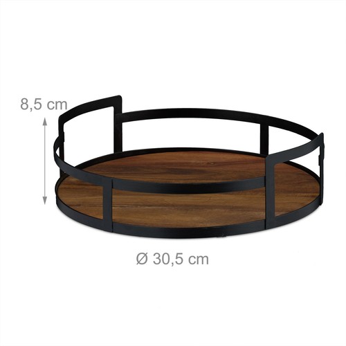 Tablett Serviertablett Getränketablett Teetablett Dekotablett rund Holz Metall - Bild 4 von 6