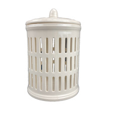 Ivory White Ceramic Pierced Lattice Canister with Lid 8" Round NOT FOR FOOD USE