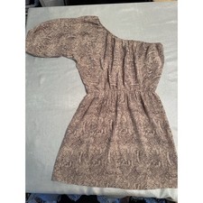 Rebecca Taylor One Shoulder Snake Print 100% Silk Dress Beige Brown