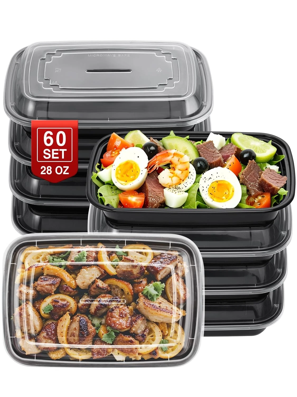 60 Sets 28oz Meal Prep Container - Reusable Plastic Food Storage Containers w...