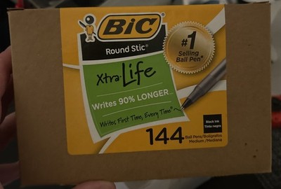 BIC Round Stic Ball Pens, 144 count, Medium, Black Ink Brand New