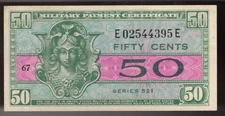 50 Cents MPC Series of 521 Plate # 67.  AU/UNC. (CRISP)