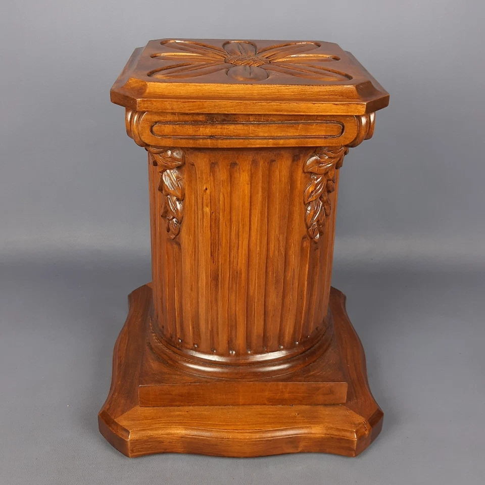 Colonna Piedistallo Legno Scolpito Fiore Base Statua Artigianato Vintage 1960 - Immagine 2 di 4