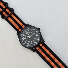 Field Military Watch Men 42MM Black Case Dial Black Orange Canvas Band Straps
