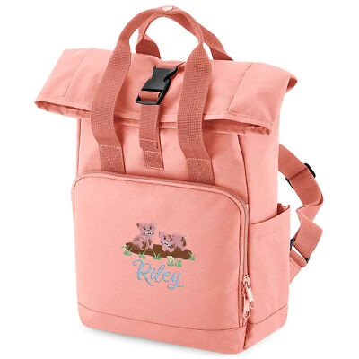 Personalisierter kleiner Schweinchen Mini-Roll-Top-Rucksack bestickt Back to School Ki...