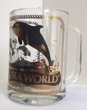 Vintage Sea World Orca Shamu Dolphins Souvenir Clear Glass Stein Mug Cup Used
