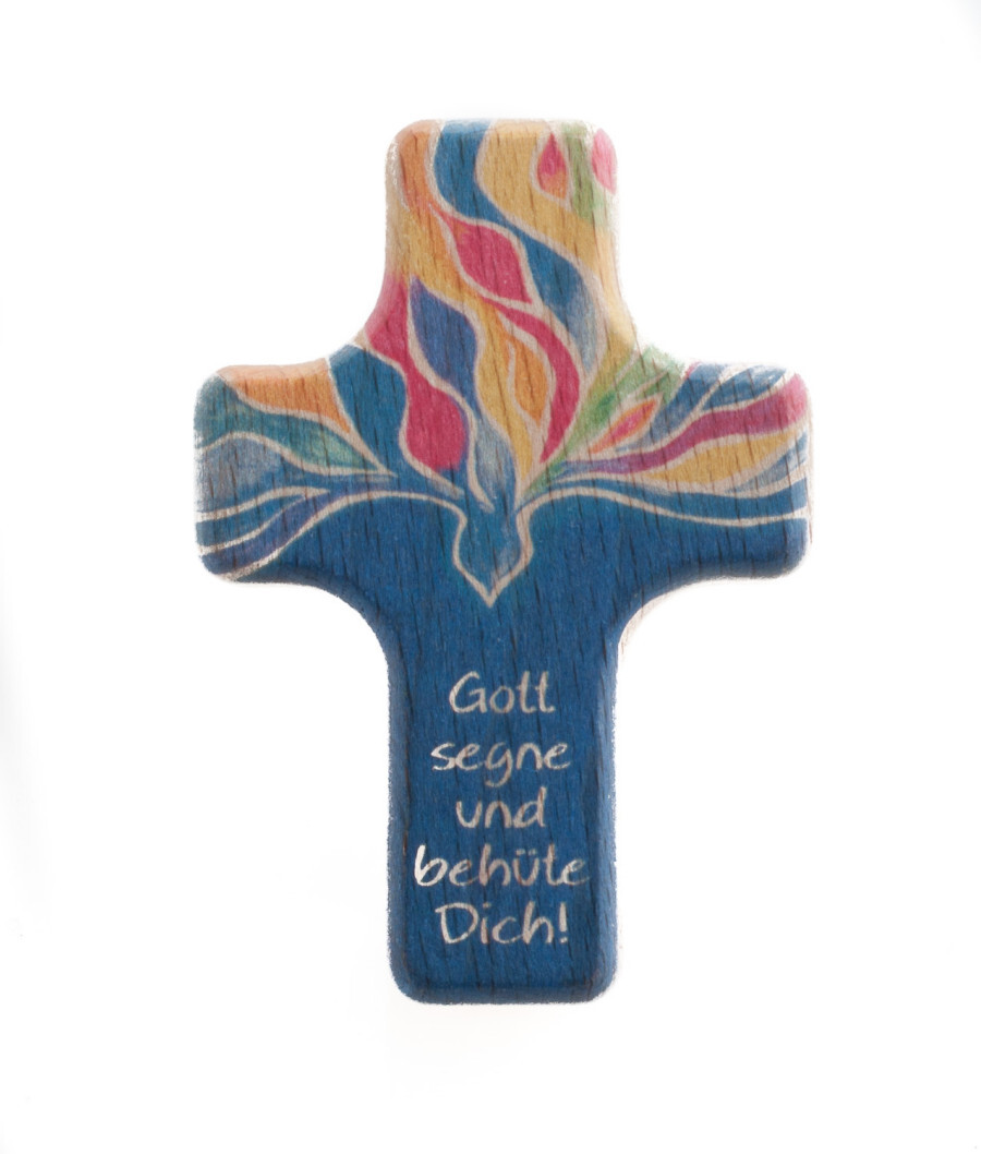 Handschmeichler LERCHEN Kreuz Holz Buche Gott Segen Spruch Blau Bunt 60x40x10mm