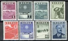 Norway 1943-45, NK 334-38, London set MNH, Sc #259-66, Mi 276-83