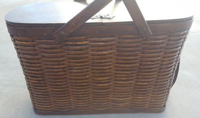 Antique Wooden Picnic Basket Hawkeye Refrigerator W Tin Inserts
