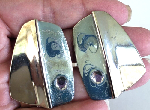 Vtg Blue Enamel Swirl Clear RS SilverTone Pierced Earrings 1.75" w/ Impulse Card - Picture 3 of 5
