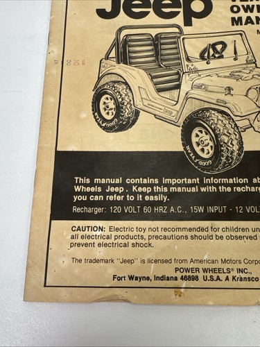 Vintage Power Wheels Jeep Owners Parts Manual 1987 PP982 - Picture 2 of 14