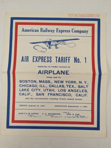 AMERICAN RAILWAY EXPRESS CO AIR EXPRESS TARIF N°1 1927 FEUILLE AVION réimpression - Photo 1 sur 2