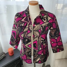 Chicos blazer jacket sz1 Medium 3/4 sleeves button front fuchsia black patter T4