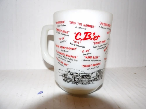 ANCHOR HOCKING Fire-King CB'er Milk Glass Mug Cup C.B. Radio Trucker Slang
