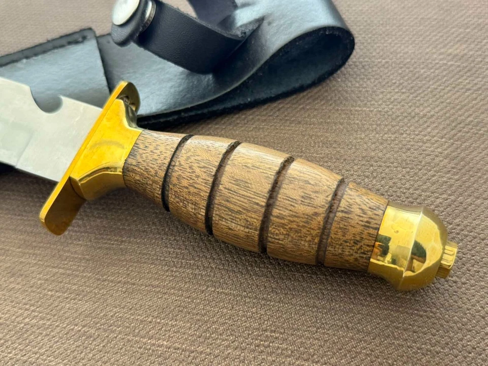 Cuchillo Daga De Colección Fijo Mango Madera Leopardo Funda Cuero Caza Francia Hombres Foto 4 de 4