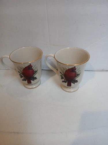 2- Lenox Fine China Winter Greetings Red Cardinal Bird Footed Mugs Cups