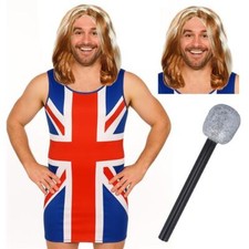 Men's Union Jack Dress Wig & Mic Set ? 90s Stag Do Fancy Dress Costume