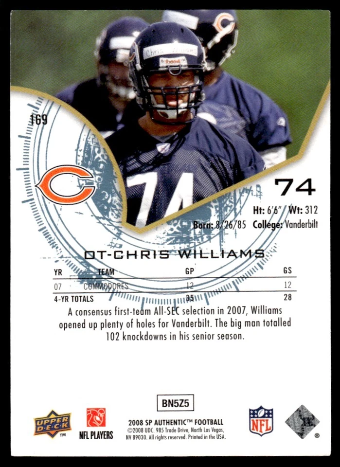 2008 SP Authentic Derrick Williams Rookie /999 Detroit Lions #169 R61 - Image 2 of 2