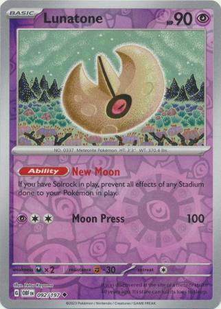 LUNATONE 092/197 OBSIDIAN FLAMES POKEMON (REVERSE HOLO, NM)
