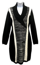 Calvin Klein Sweater Dress Womens Size M Black White LS Faux Wrap Fitted V-Neck