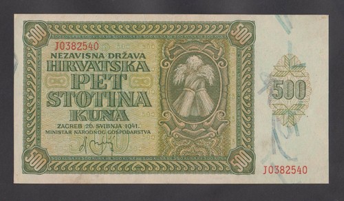 🔴 CROATIA 500 Kuna 1941 XF P3a WWII NDH USTASA Rare in this grade 🔴 - 第 1/2 張圖片