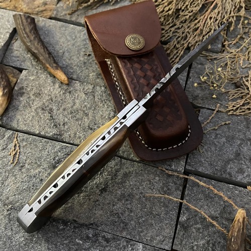 SHARD™ CUSTOM HAND FORGED Damascus Steel Trapper Folding Pocket Knife W/Sheath - Picture 10 of 12