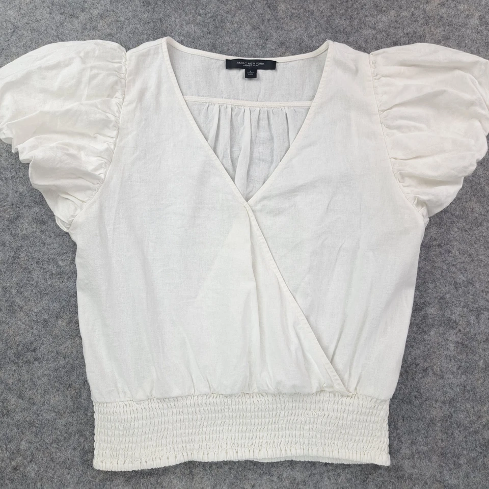 Camisa Andrew Marc New York Mujer Grande Blanca Manga Abullonada Lino Recortada Cuello en V Foto 3 de 4