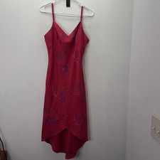VTG Express Red Floral Babydoll Y2K 90s Midi Slip Dress Coquette 100% Silk Fairy