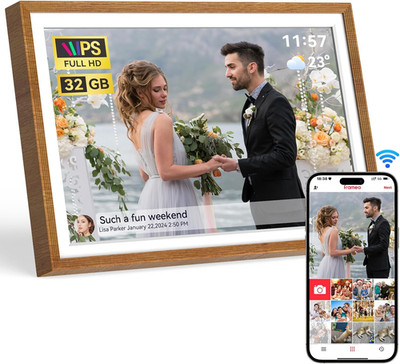 Frameo 10.1'' WiFi Digital Photo Frame with 32GB Memory & Touch Screen - Wood Fin