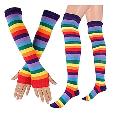2 Pcs Cotton Arm Warmers Socks Rainbow Thigh High Socks Colorful Fingerless 