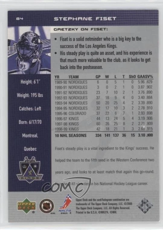 1999-00 Upper Deck Wayne Gretzky Hockey Stephane Fiset #84 - Image 2 of 2