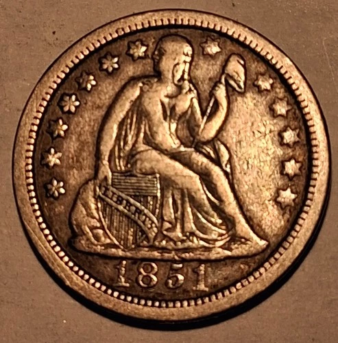 1851 Seated Liberty Dime – No Drapery – VF – Strong Detail Silver 10C #876