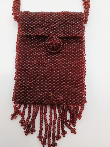 Vtg Garnet Seed Beaded Pouch Hide A Key Necklace