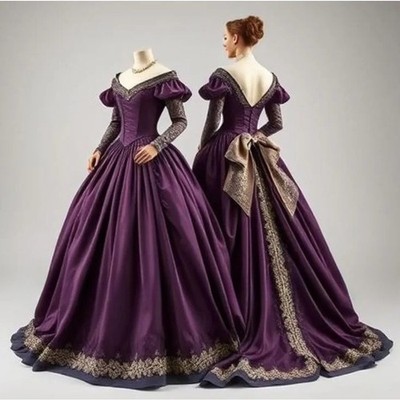 Purple Medieval V-neck Ball Gown Long Sleeves Backless A-line Bow Evening Dress