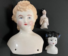Porcelain Lot of 3 Doll Heads Beige White Black for Doll Making or Repair
