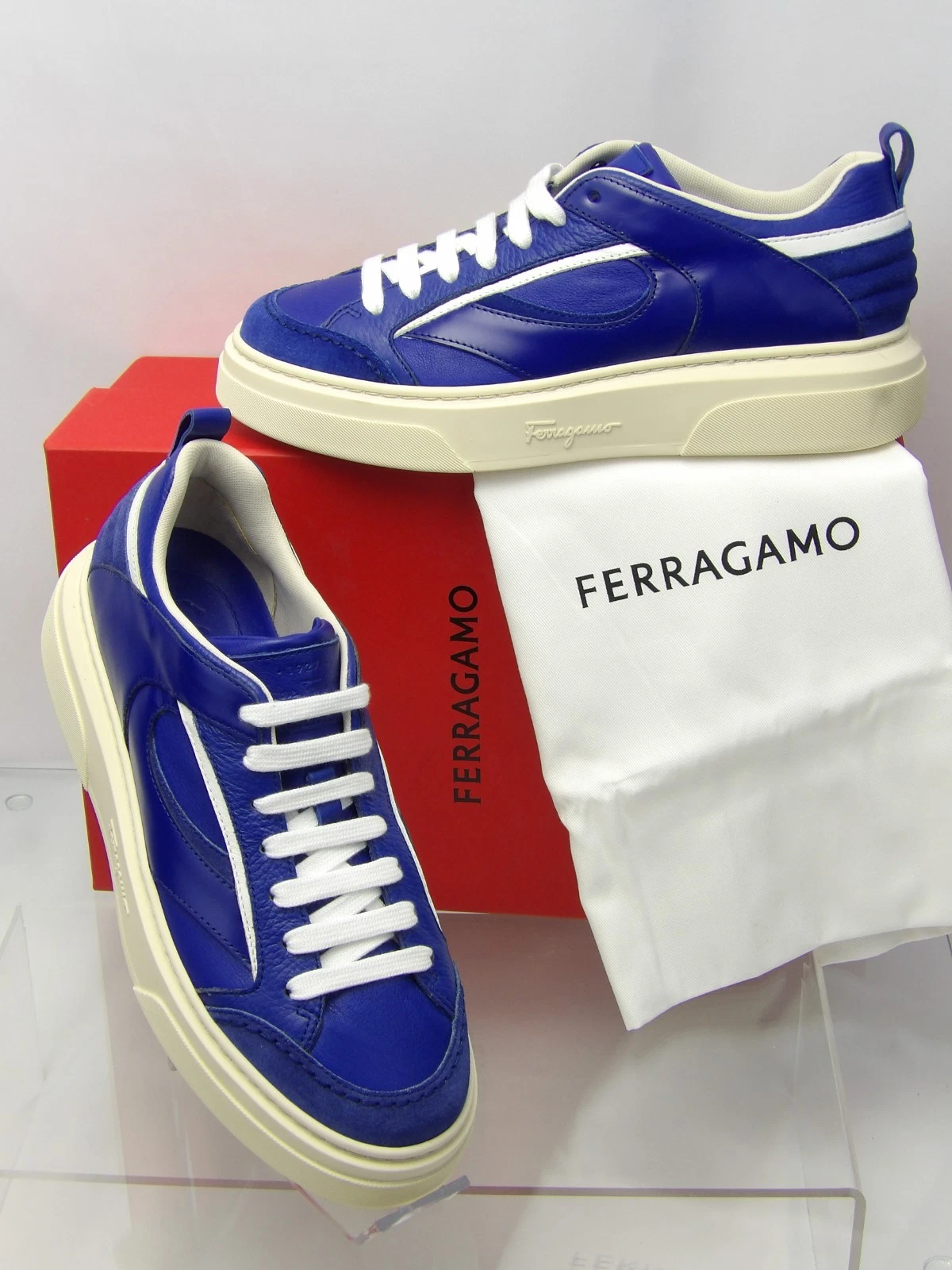 Ferragamo — NIB FERRAGAMO CASSINA BLUE LEATHER  LOGO LACE UP SNEAKERS 10 M ITALY