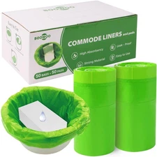 Bedside Commode Liners 50 Disposable Bags and 50 Absorbent Pads Adult Toilet Use