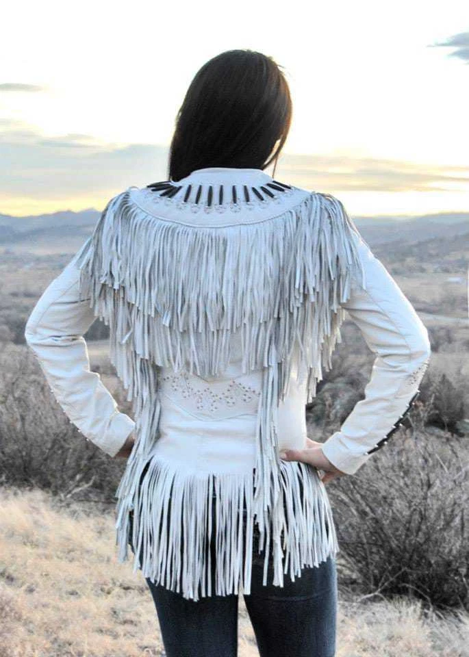 White Leather Fringe Jacket S