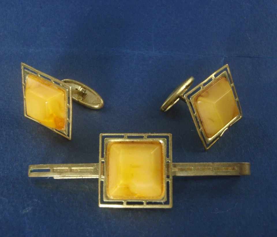 Gemelos y clip de corbata vintage URSS para hombre imitación ámbar soviético Foto 3 de 4
