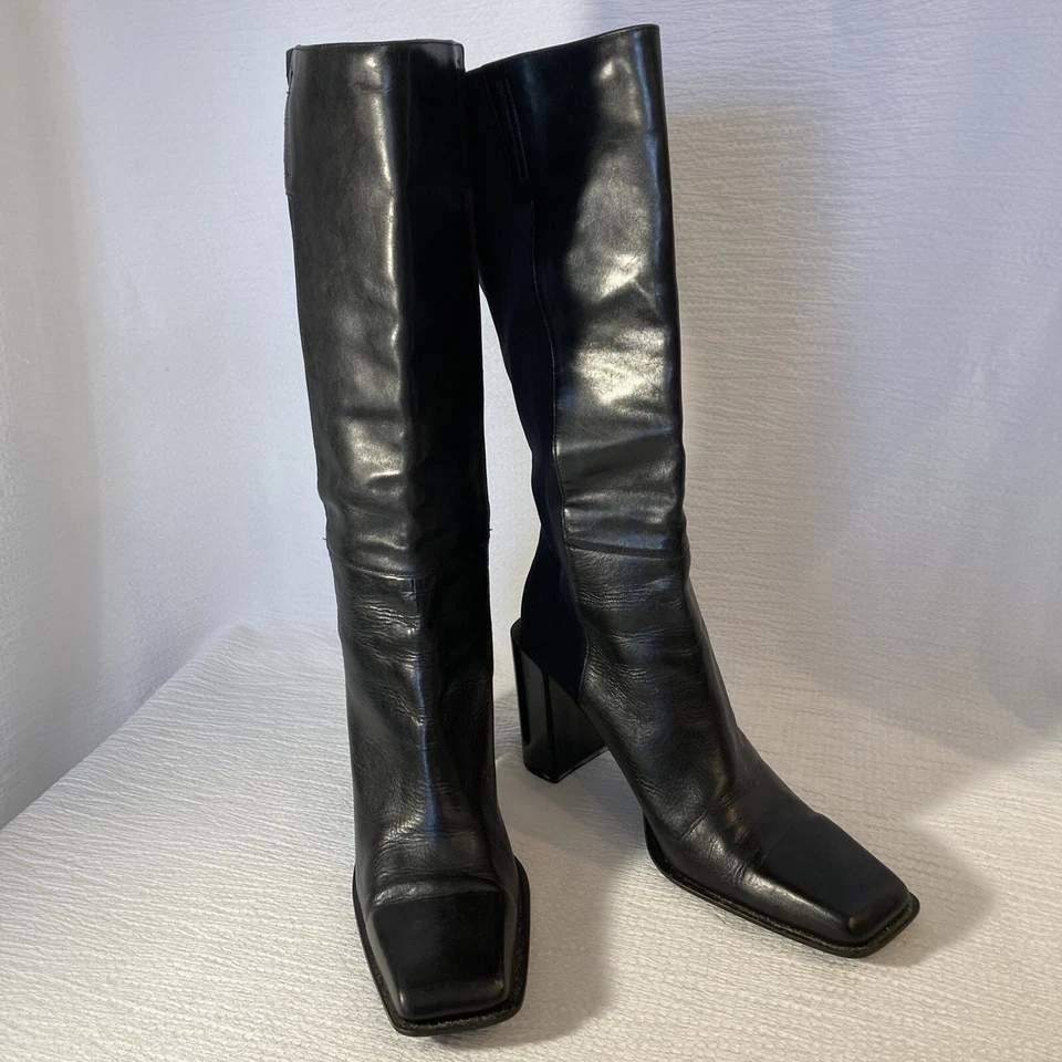 Diba USA Sz 9 Stretch Back Black Leather Boots 3 in Square Toe Made in Brazil - Image 3 of 4