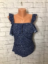 Kona Sol Women's Ruffle Full Coverage One Piece Swimsuit Blue Polka Dot Medium