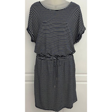 Hilary Radley Blue/White Stripe Dress Short Sleeve Drawstring Waist Size L  NWOT