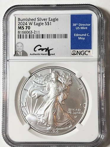 2024-W American Silver Eagle BURNISHED, NGC MS-70, Hand Signed