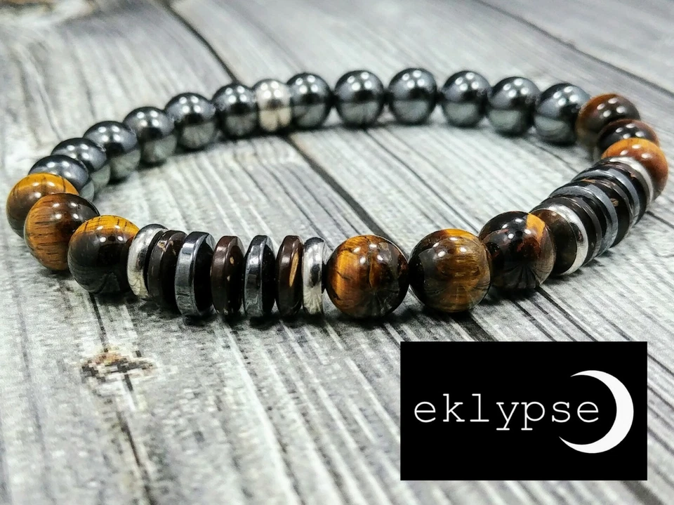 Pulsera con cuentas de piedras preciosas de hematita 8"L ojo de tigre + madera de palma + piedras preciosas de 8 mm Foto 3 de 4